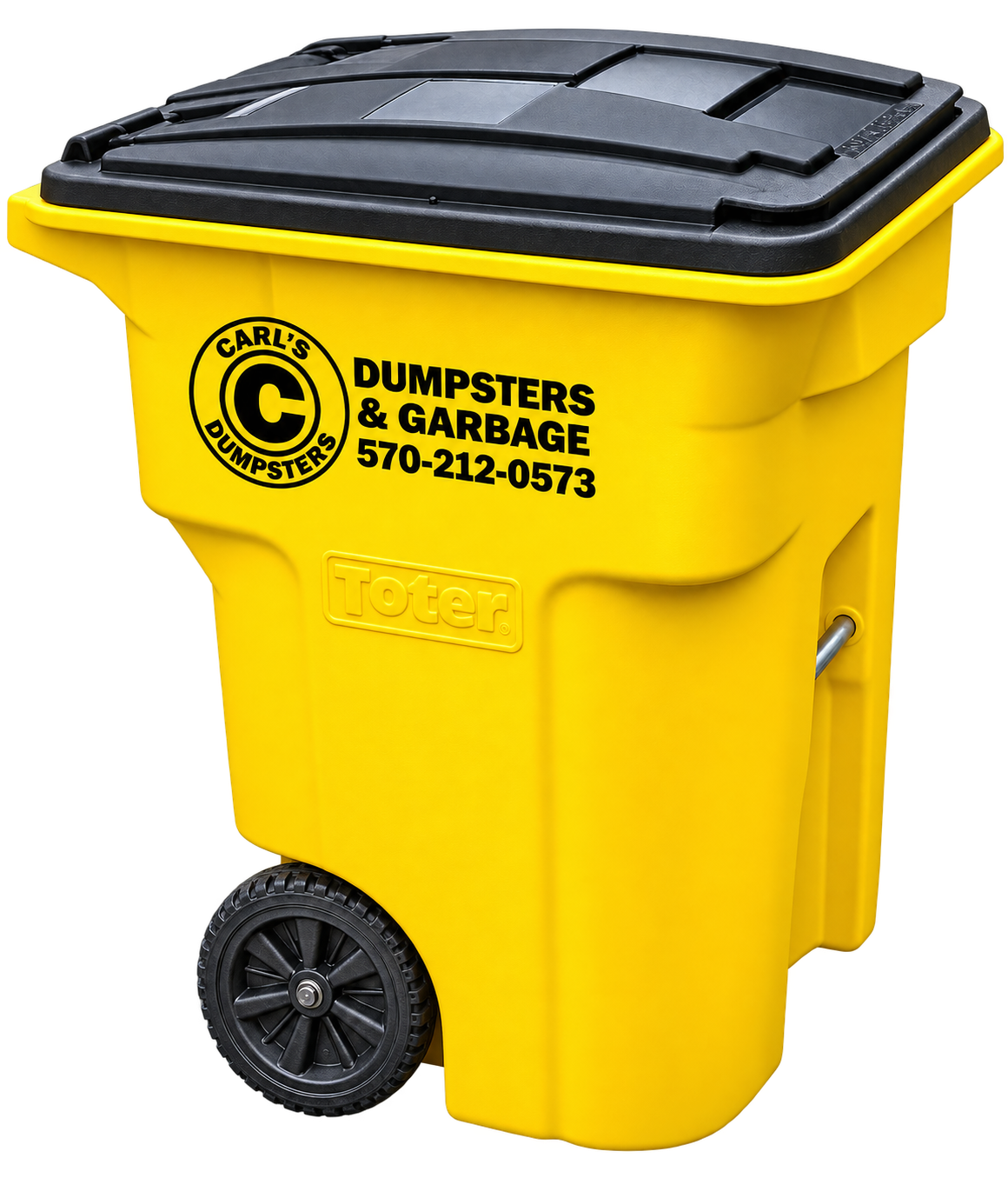 A Carl's Dumpsters garbage can at the end of a driveway with the truck pulling up